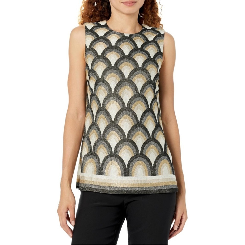 Trina Turk Harutu Sleeveless Jacquard Abstract Pattern Top S Black Gold
